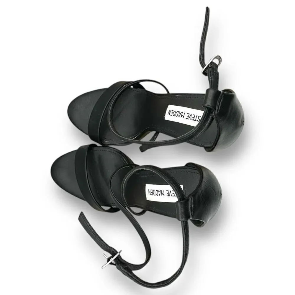 Steve Madden Womens Feliz PU Leather Strappy Stiletto Heel Sandals Black Sz 7.5